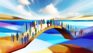 Eine farbenfrohe Illustration zeigt stilisierte Menschen, die über eine geschwungene Brücke gehen. Die Brücke verbindet zwei Ufer eines blauen Gewässers. Der Himmel ist lebhaft gestaltet mit Wolken und Lichtstrahlen, die Dynamik und Optimismus vermitteln.