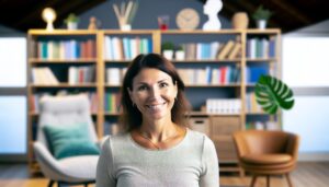 Eine lächelnde Frau steht in einem stilvollen Raum mit einem gut gefüllten Bücherregal im Hintergrund. Die Einrichtung umfasst einen bequemen Sessel mit Kissen und eine Topfpflanze. Die Atmosphäre vermittelt ein Gefühl von Gemütlichkeit und Professionalität.