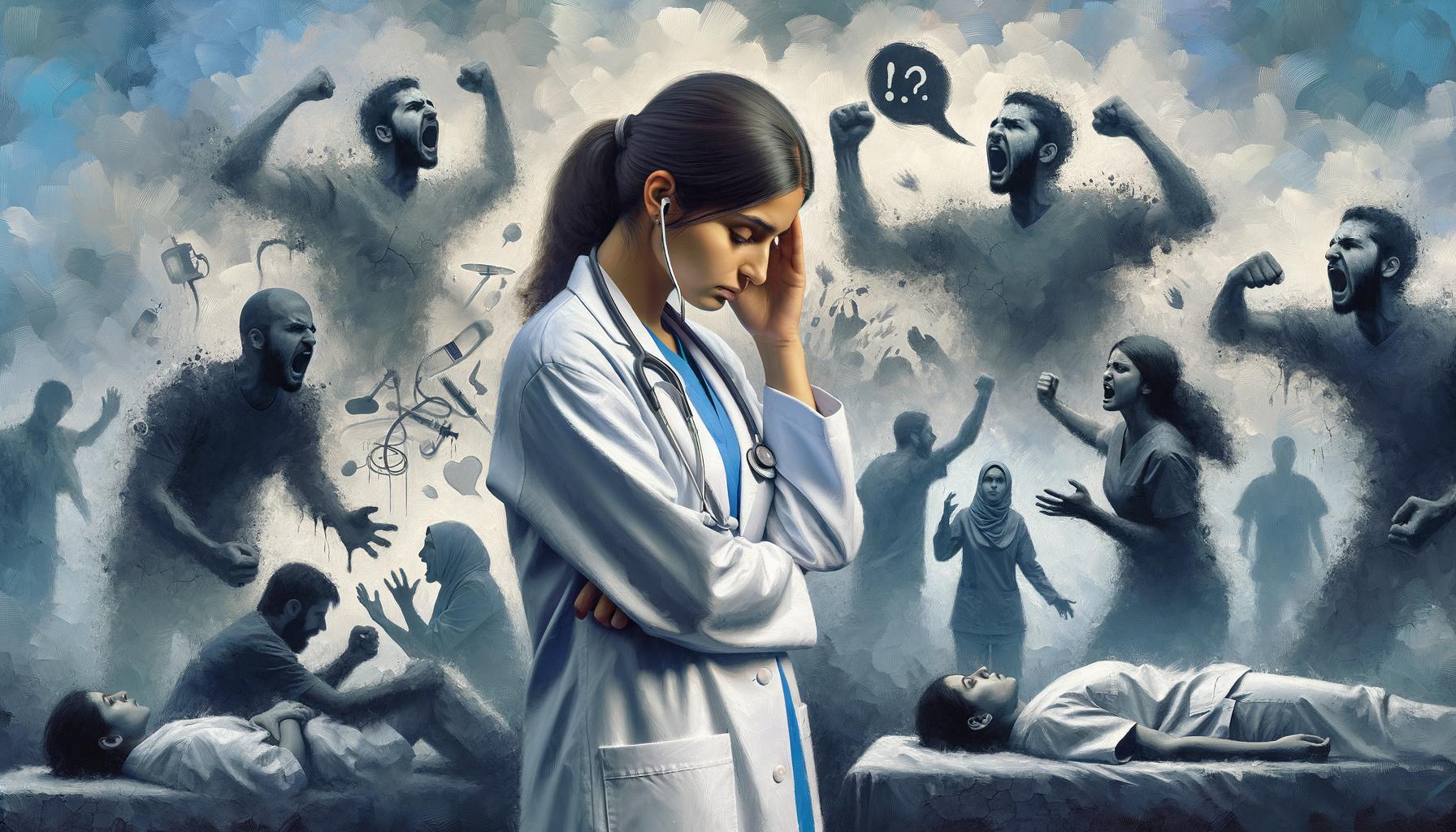 Eine Ärztin im Zentrum wirkt belastet, umgeben von schreienden und gestikulierenden Personen, die Stress und Chaos darstellen. Eine liegende Person im Vordergrund verstärkt die dramatische Szene.