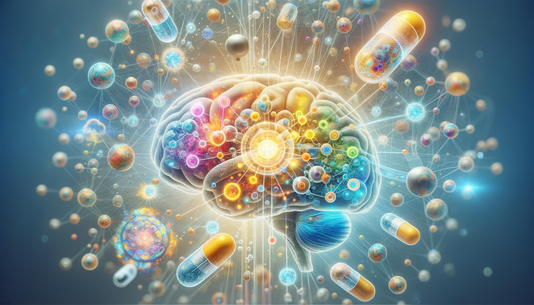 Das Bild zeigt ein stilisiertes Gehirn umgeben von bunten, leuchtenden Partikeln und Kapseln, die durch ein Netzwerk von Linien verbunden sind, was auf eine Verbindung zwischen Neurologie und Medikamenten oder Chemie hinweist.