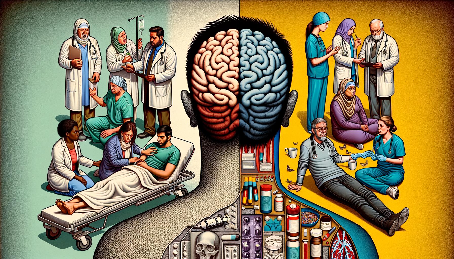 Medizinisches Szenario: Links untersuchen Ärzte eine Patientin mit medizinischen Geräten und Diagrammen. Rechts beraten Ärzte, ein großes Kopfprofil und medizinische Symbole sind zu sehen.