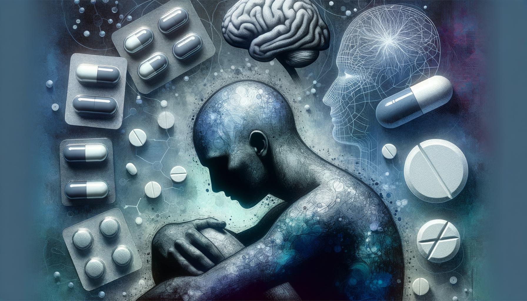 Ein Mensch in nachdenklicher Haltung, umgeben von Gehirndarstellungen, Medikamentenblistern und Pillen, symbolisiert das Zusammenspiel von Geist und Medizin.