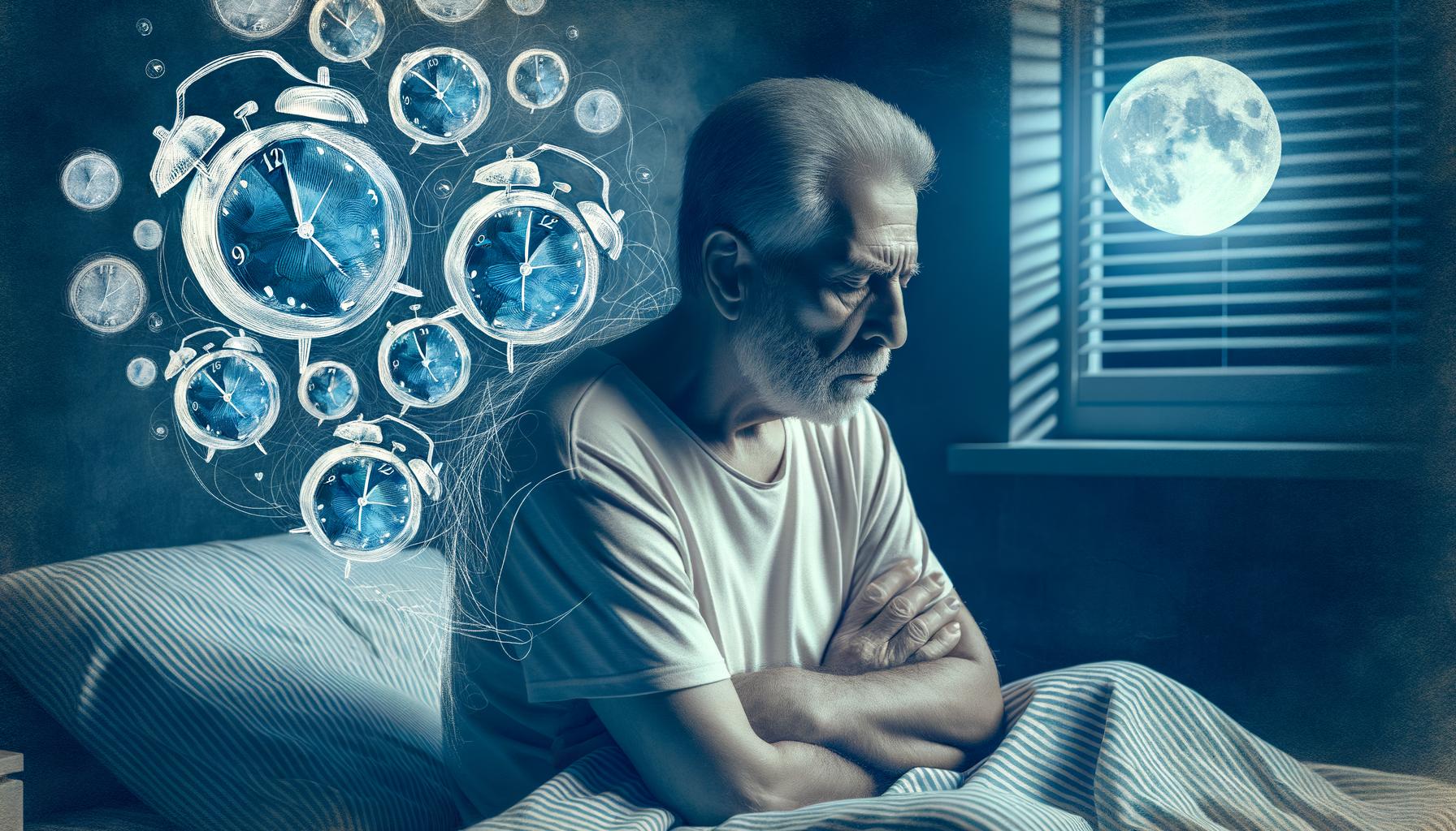 Ein älterer Mann sitzt nachdenklich im Bett, umgeben von schwebenden, leuchtenden Weckern. Durch das Fenster ist der Mond zu sehen.