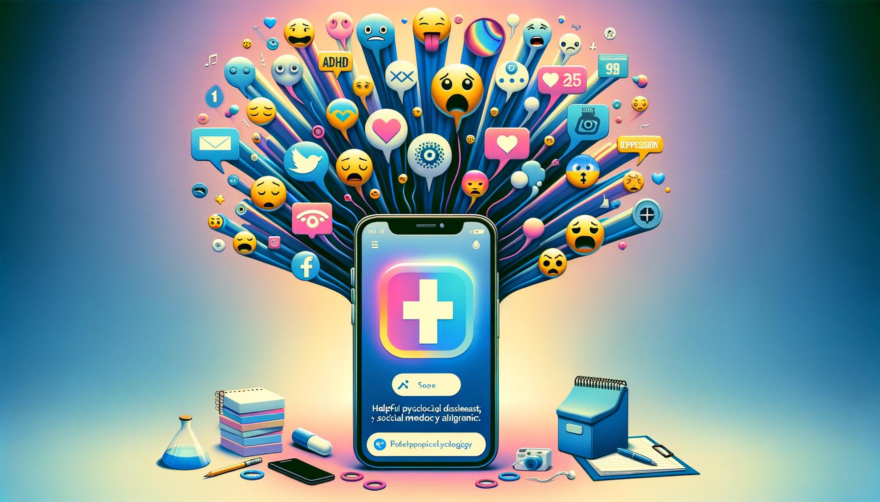 Ein Handy zeigt eine App mit einem medizinischen Pluszeichen-Logo. Drumherum fliegen soziale Medien-Emojis, wie Likes und Smileys. Unten sind ein Laborfläschchen, Bücher und Schreibutensilien.