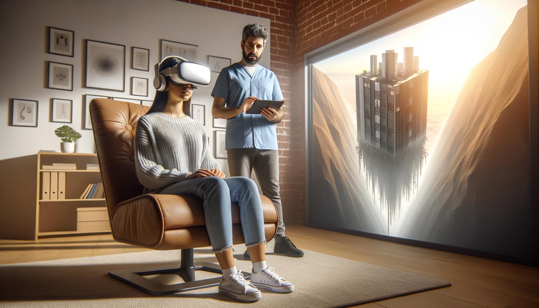 Eine Person sitzt mit VR-Headset in einem Sessel, während eine andere mit einem Tablet daneben steht. Auf einem großen Bildschirm ist ein turmförmiges Gebäude in einer surrealen Landschaft zu sehen.